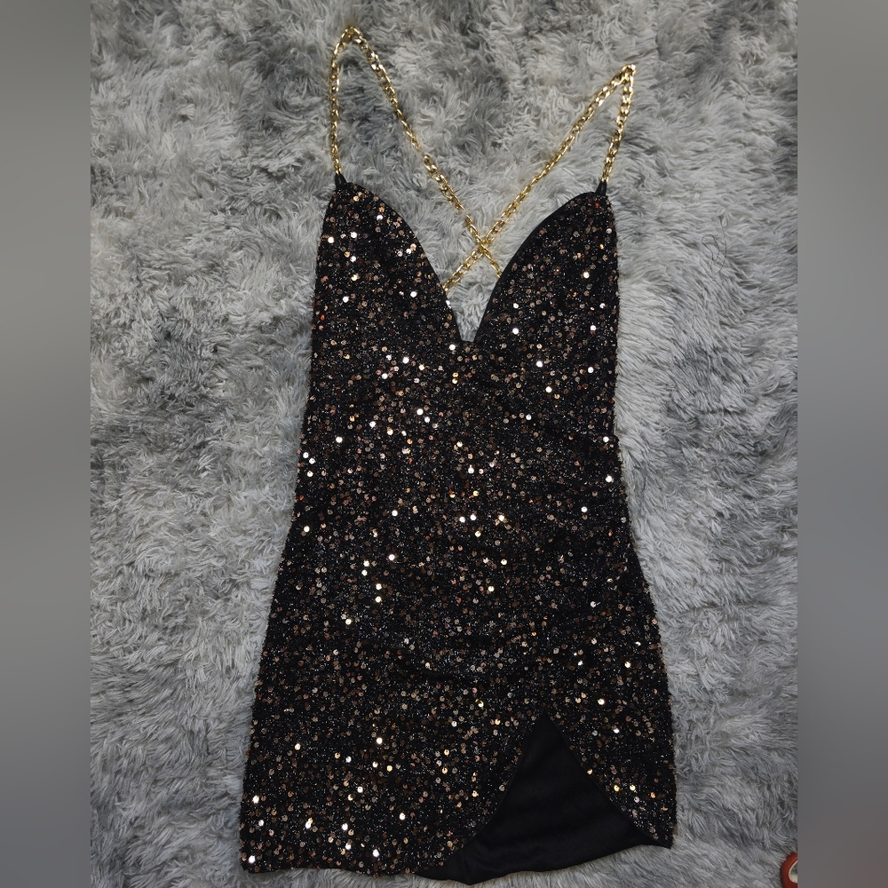 Double Crazy Black Sequin Mini Dress with Gold Straps Size Large - Picture 1 of 5